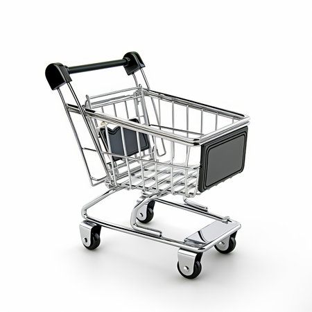 A shopping cart with a computer monitor, providing a practical and efficient solution for online shopping.の素材