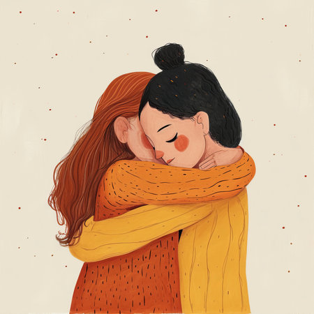 A heartfelt moment captured as one woman tenderly hugs another with her eyes closed.の素材