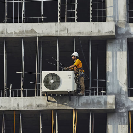 A man is seen on a scaffold, diligently working on the construction of a building.の素材