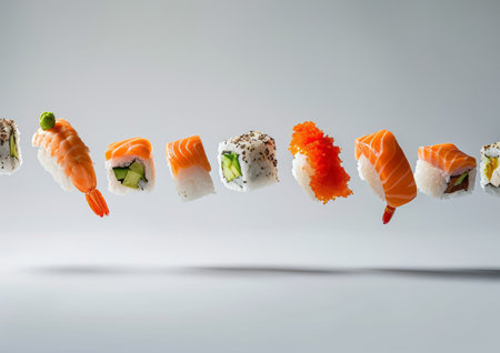 Indulge in a delicious array of sushi rolls adorned with an assortment of delectable toppings.の素材