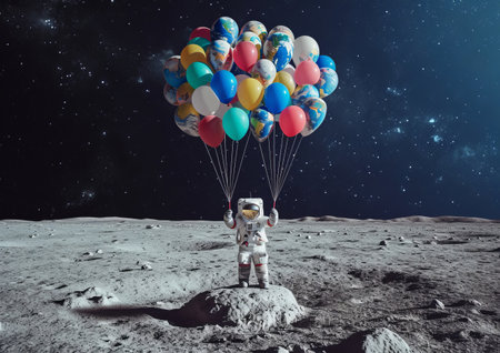 An astronaut, effortlessly floating on the moons surface, holds a bunch of colorful balloons, capturing a surreal moment in space exploration.の素材