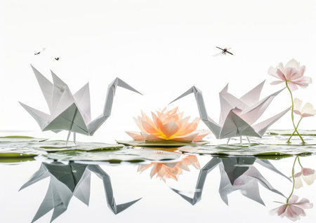 A serene scene of origami cranes peacefully floating on the surface of a body of water.の素材