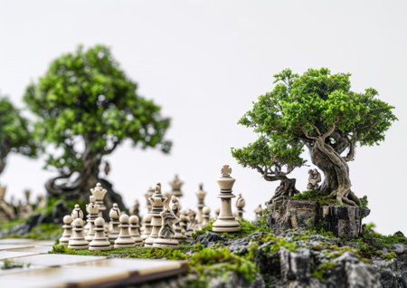 A captivating image featuring a tree gracefully placed on a chess board, combining elements of strategy and nature.の素材