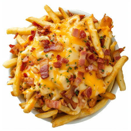 This mouthwatering image showcases a plate piled high with crispy french fries covered in melted cheese and crispy bacon.の素材