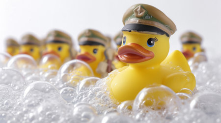 A cheerful row of rubber ducks lined up in a bathtub, ready for a fun bath time experience.の素材