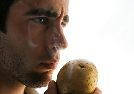 A man holds a piece of fruit in front of his face as a symbol of healthy eating and nutrition.の素材