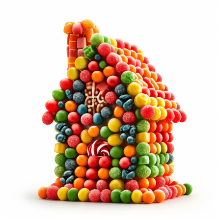An adorable candy house made entirely out of colorful candies, creating a delightful and playful home, isolated on a plain white background.の素材