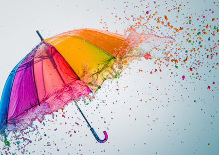 A vibrant and cheerful umbrella gracefully suspended in mid-air against a clear blue sky.の素材