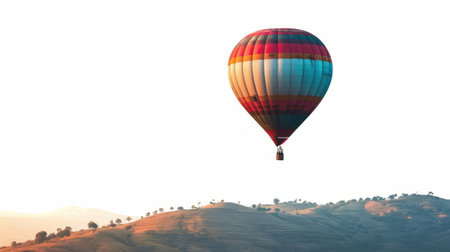 A hot air balloon soaring through the sky above a majestic mountain range.の素材