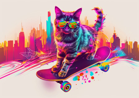 A cat wearing sunglasses showcases its skateboarding skills, effortlessly gliding down the pavement.の素材