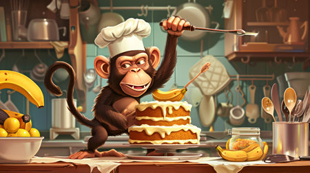 A monkey wearing a chefs hat holds a knife above a cake, ready for baking or celebratory desserts.の素材