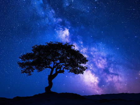 A breathtaking image of a solitary tree standing against a backdrop of a star-filled night sky.の素材