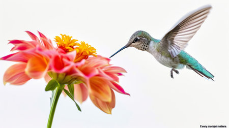 A vibrant hummingbird hovers over a pink flower in a picturesque garden scene.の素材