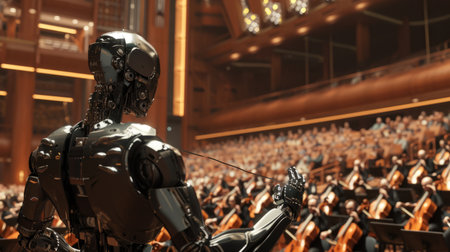 A robot stands tall as a diverse crowd of people gather in front of it, captivated by its presence.の素材