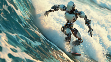 Witness a robot riding a wave with the help of advanced technology, showcasing the future of surfing.の素材