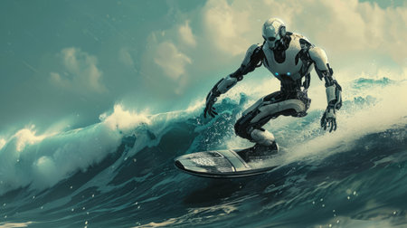 This awe-inspiring image captures a skilled man effortlessly riding a wave on top of his surfboard.の素材