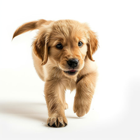An adorable puppy is seen running energetically on a clean white background.の素材