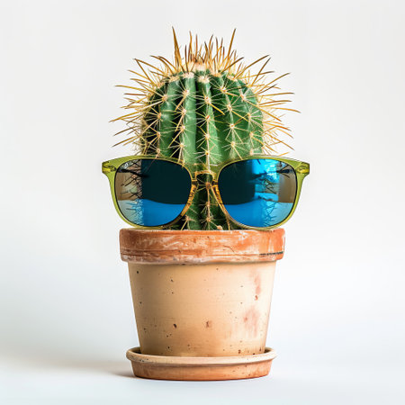 A fun image capturing a cactus wearing sunglasses as it sits on top of a pot, adding a touch of humor to your space.の素材