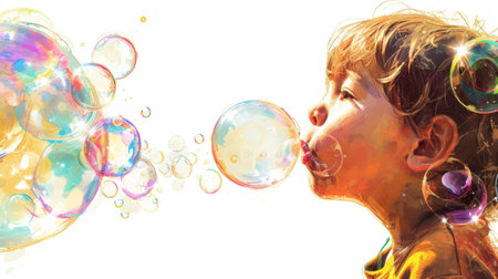 A little girl happily blows bubbles out of her mouth, creating colorful spheres in the air.の素材