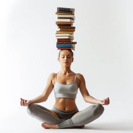 A woman gracefully balances books on her head while sitting in a yoga pose.の素材
