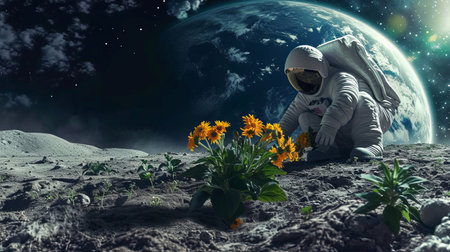 A serene image portraying an astronaut peacefully seated on the moon, surrounded by delicate flowers.の素材