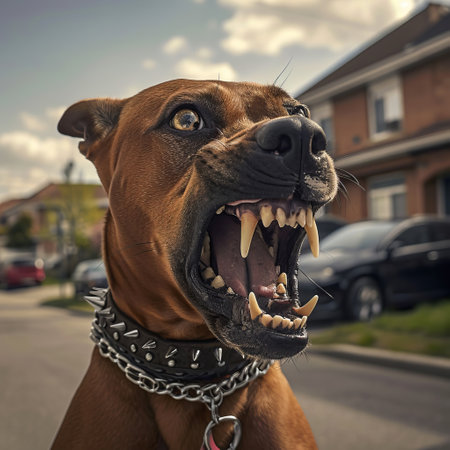 A dog with its mouth open and a chain around its neck, expressing agitation or restraint.の素材