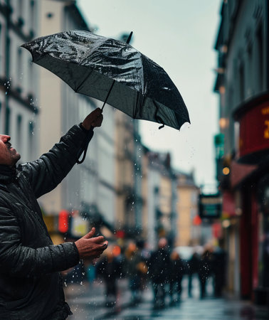 A man braves the rain by holding an umbrella to shield himself from the falling water.の素材