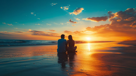 A group of people sit together on top of a sandy beach, basking in the sun and taking in the tranquil beauty of the surroundings.の素材