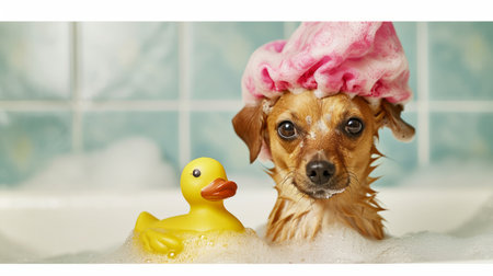 A cute dog is seen in a bathtub, having a delightful time with a rubber duck.の素材