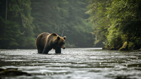 A brown bear effortlessly navigates the river while walking alongside a dense forest.の素材