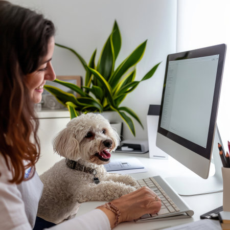 A woman sitting at a desk with a dog on her lap, finding comfort and companionship while working or studying.の素材