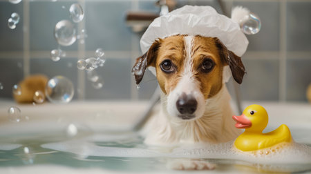A cute dog happily splashes around in a bathtub while playing with a yellow rubber ducky toy.の素材