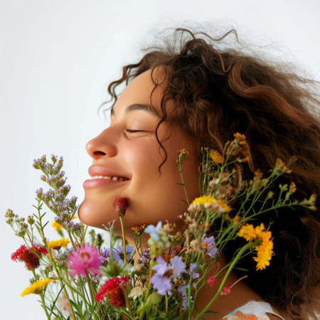 A woman stands in a field holding a bouquet of colorful wild flowers.の素材