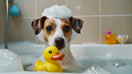 A cute dog relaxing and having a fun time in the bathtub while playing with a rubber duck toy.の素材