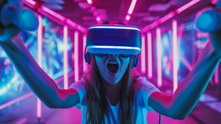 A woman wearing a virtual reality headset, fully absorbed in a digital environment.の素材