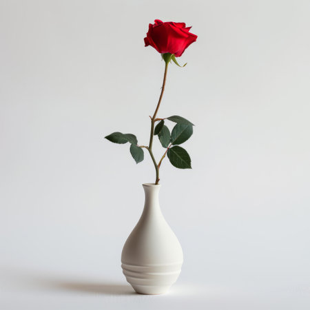 A stunning single red rose remains in a white vase, showcasing its delicate beauty and elegance.の素材