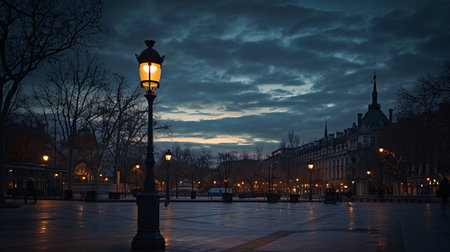A street light stands on the side of a road, casting its glow to provide visibility during nighttime.の素材