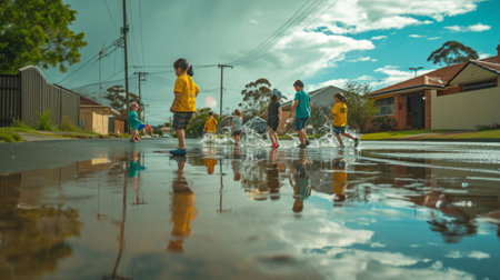A group of joyful kids laughing and splashing water while playing in a large puddle filled with rainwater.の素材