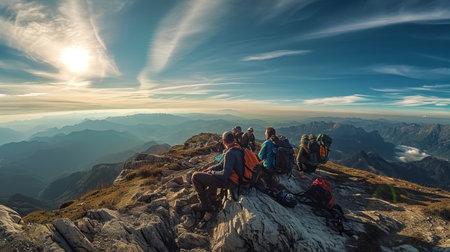 A diverse group of individuals standing triumphantly on the summit of a majestic mountain.の素材
