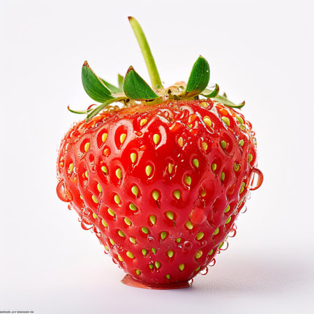 A detailed view of a single strawberry placed on a clean white background.の素材