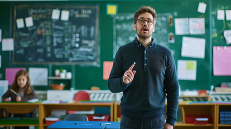 A photo of a man standing in front of a classroom with desks, ready for a lecture.の素材