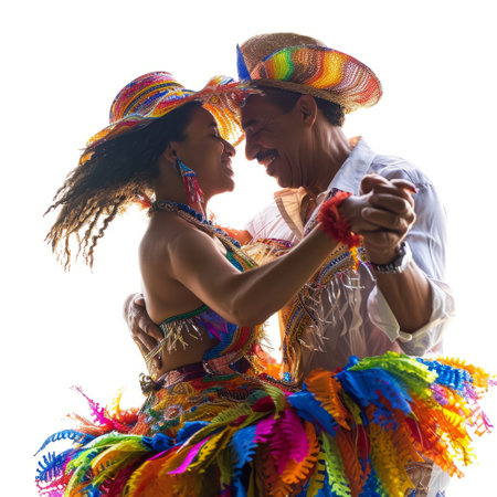 A man and woman dressed in vibrant outfits stand side by side, striking a pose against a picturesque outdoor backdrop.の素材