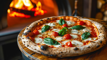 A mouth-watering pizza, complete with cheese, toppings, and a crispy crust, sitting on a wooden table.の素材
