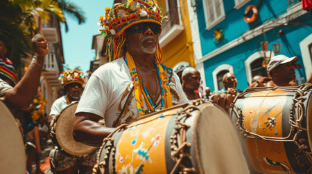 A lively scene captured as a group of men play drums with infectious enthusiasm during the parade.の素材
