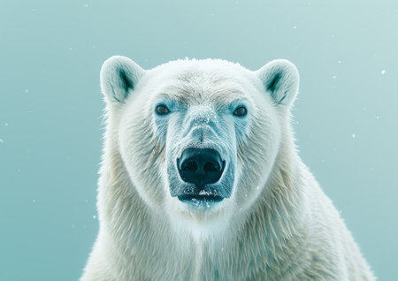 A stunning photo capturing a majestic polar bear with blue eyes and a black nose standing on ice.の素材