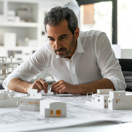 A man sits at a table surrounded by various model houses.の素材
