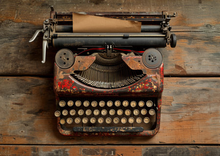 An old fashioned typewriter remains atop a sturdy wooden table, evoking nostalgia and the simplicity of writing in bygone eras.の素材
