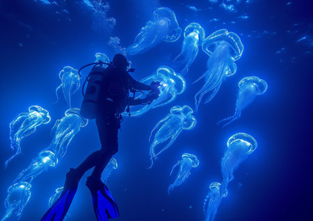 A man in a scuba suit finds himself surrounded by a stunning array of jellyfish.の素材