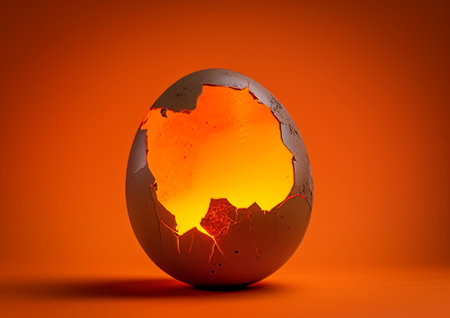 A close-up photo of a cracked egg shell lying on an orange background.の素材