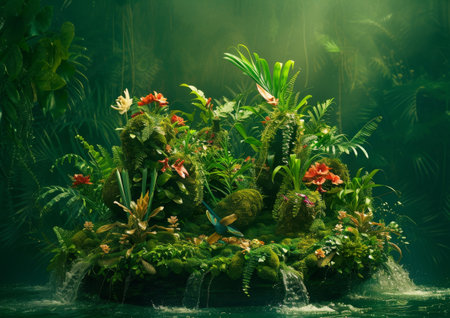 A small island filled with a variety of plants and flowers, showcasing vibrant colors and lush greenery.の素材